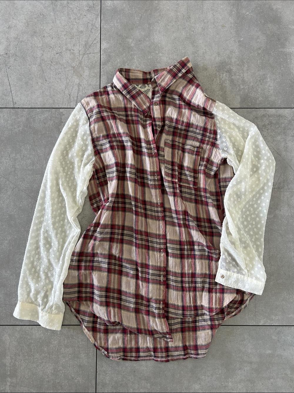Free People Plaid Button-Front Shirt with sheer polka Dot Sleeves